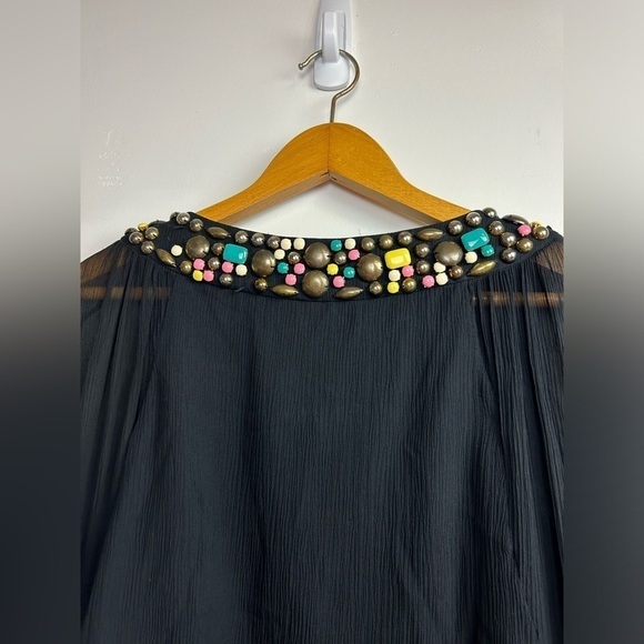 Tibi New York 100% Silk Embellished Neck Tunic Flare Mid Dress Black boho Sz 4 - Picture 5 of 11